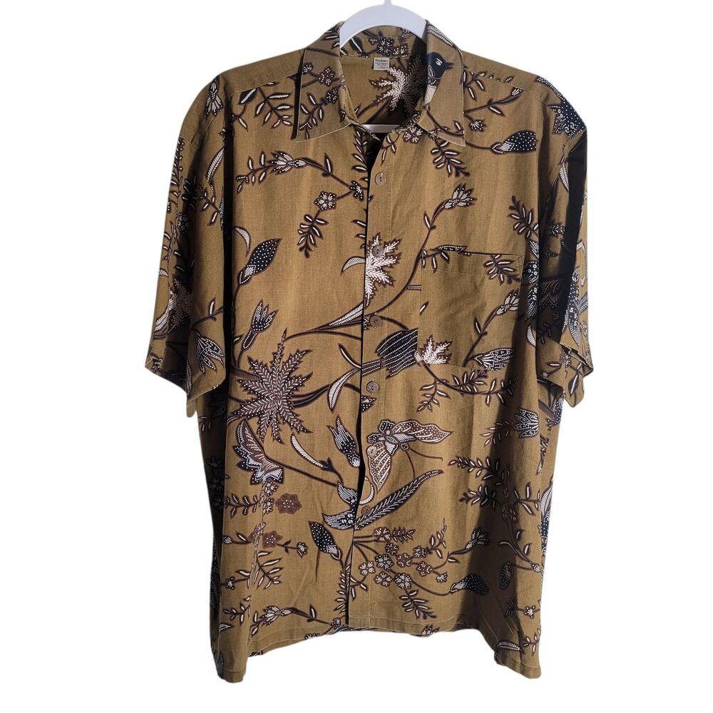 World Market Tropical Button Down Shirt Men's Large Brown Floral Cotton Hawaiian
